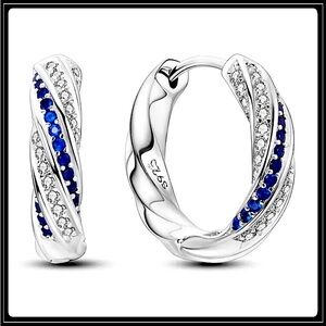 NEW 925 SIMULATED BLUE SAPPHIRE & DIAMONDS CHUNKY HOOP EARRINGS